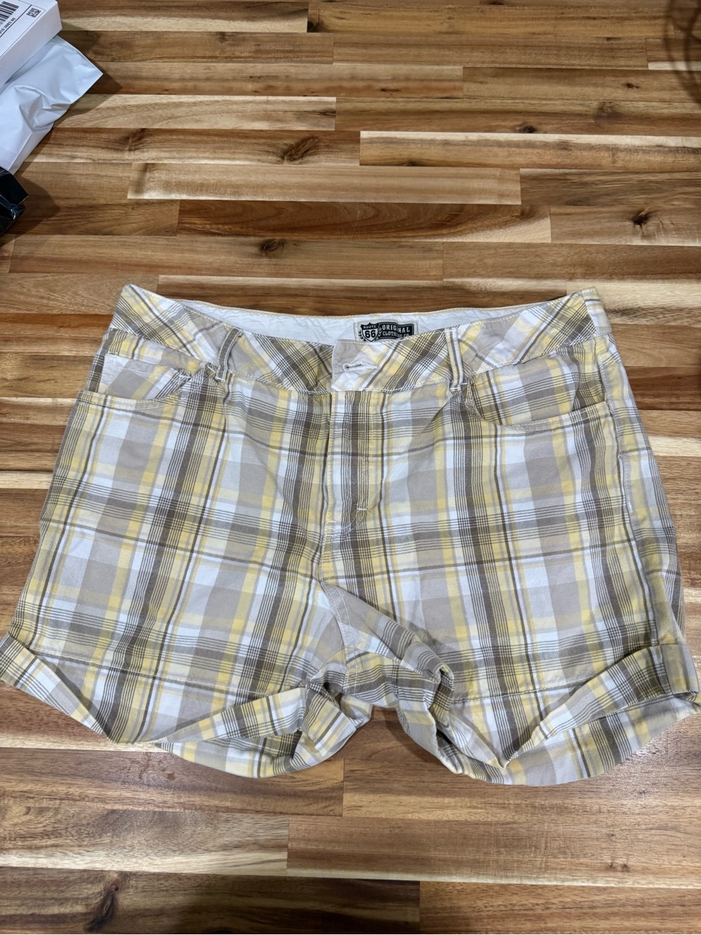 Route 66 Yellow Gray White Plaid Women's Shorts Bermudas